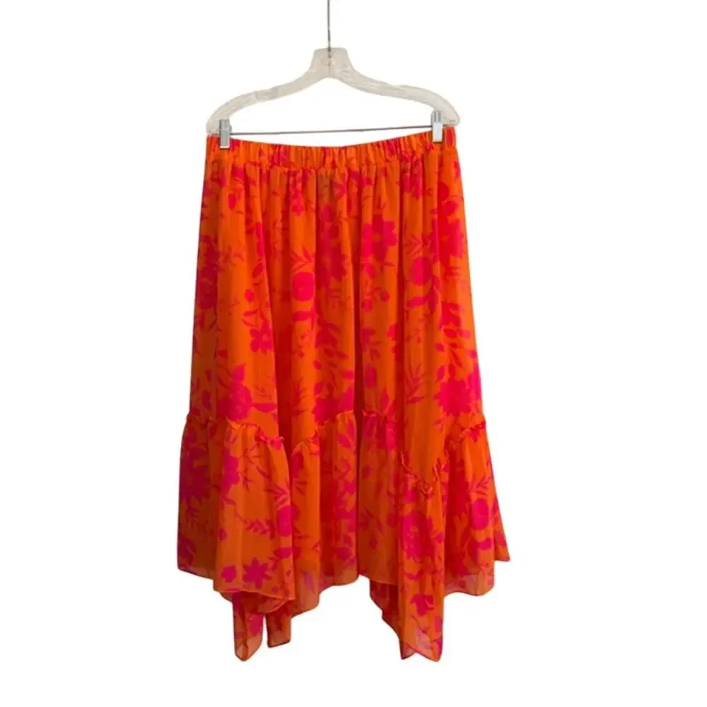 Scoop Midi-Maxi Skirt Flowy Tiered Ruffle Beachy Resort Art‎ Fair Boho Women L